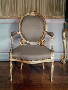 Poltrona intagliata con modanatura a guilloche; design di Adams per una sedia per la camera da letto a Osterley, 1777